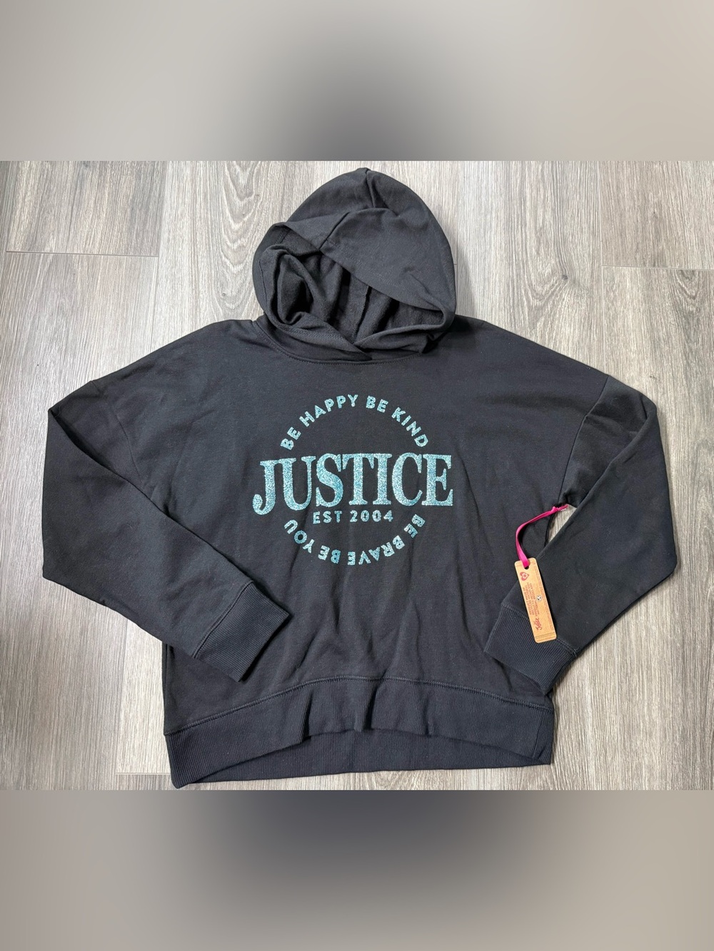 Justice Girls Happy Kind Brave Blue Glitter Hoodie Large 12/14 Black